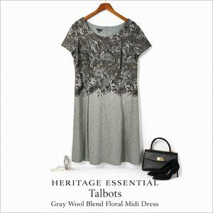 Talbots Gray Wool Blend Floral Midi Dress Size 18 Classic Career Sheath